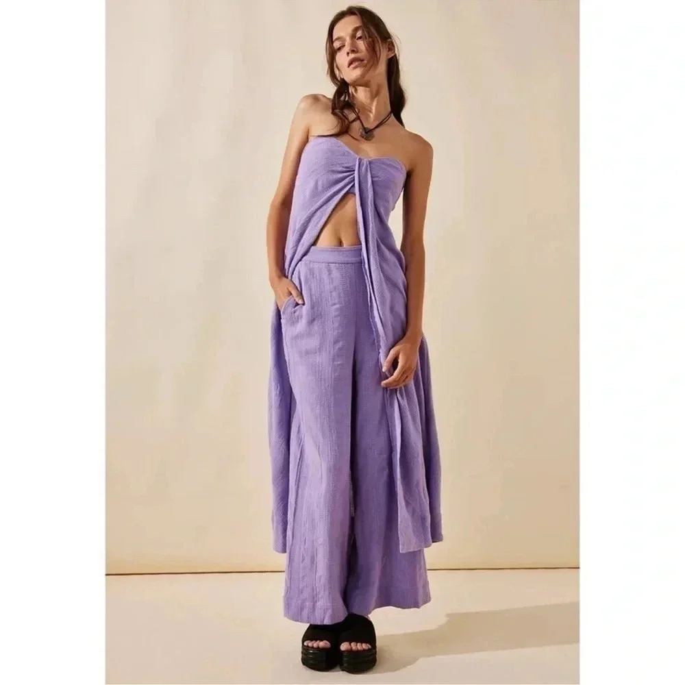 Free People Banita Two-Piece Linen Blend Pants Set Purple XS